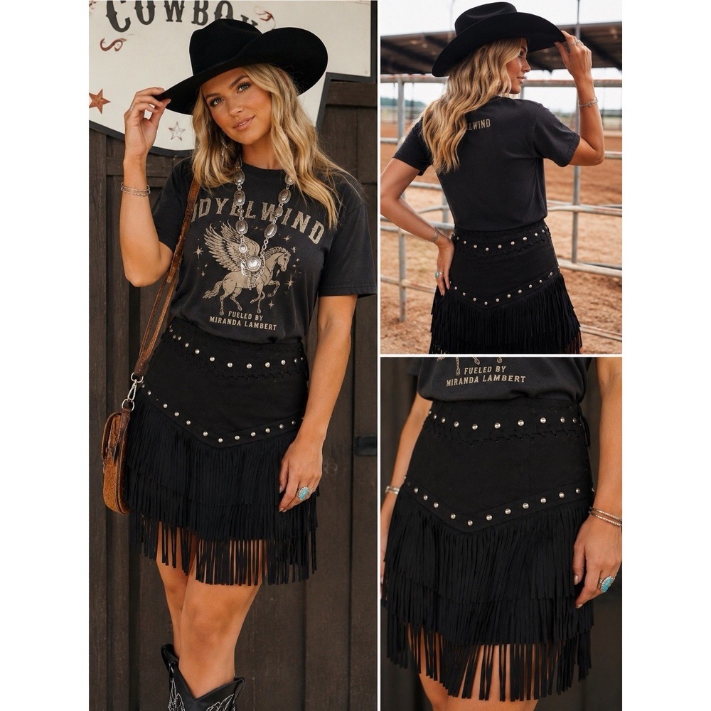 NWT Idyllwind Miranda Lambert Maxihel Black Fringe Studded Mini Skirt XS Western
